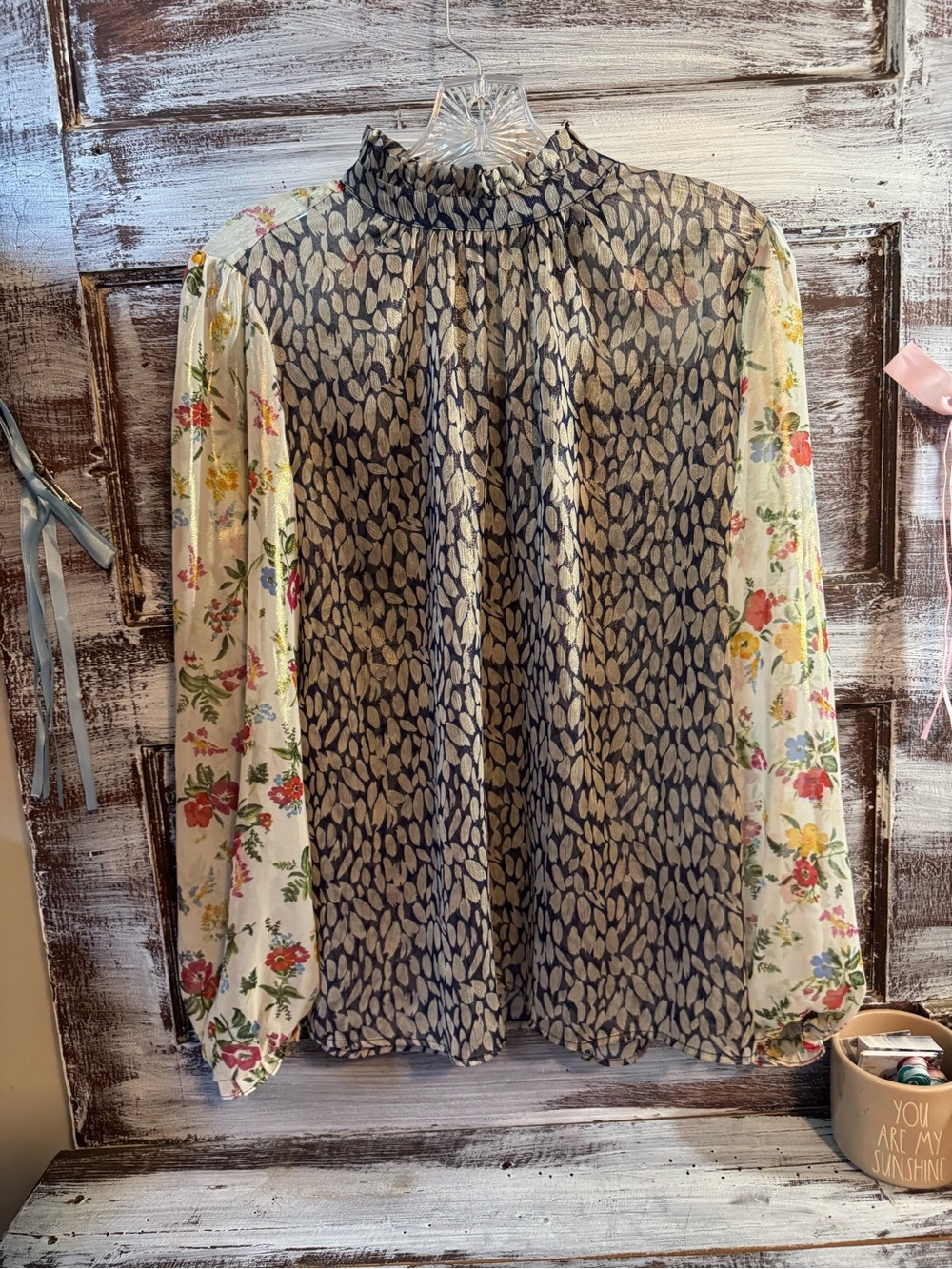 fab'rik Navy Patterned Blouse with Cream Floral Sleeves
